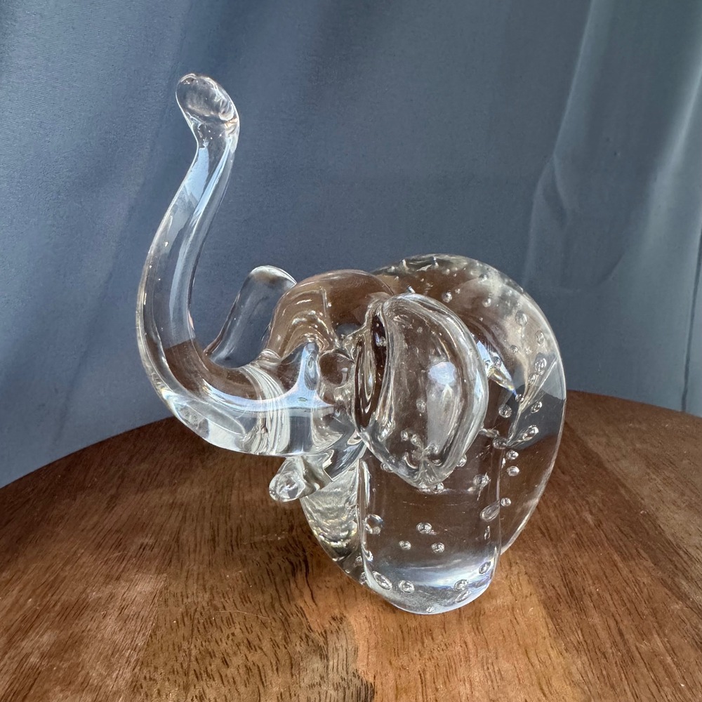 Clear Glass Happy Elephant Figurine Paperweight Bubbles Art Trunk Up 600 grams‎